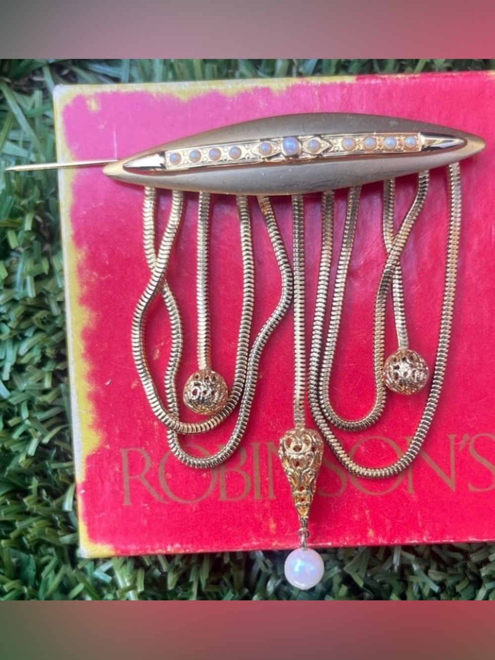 Vintage Gold Tone Fringe Pendant Brooch with Pearl Drop